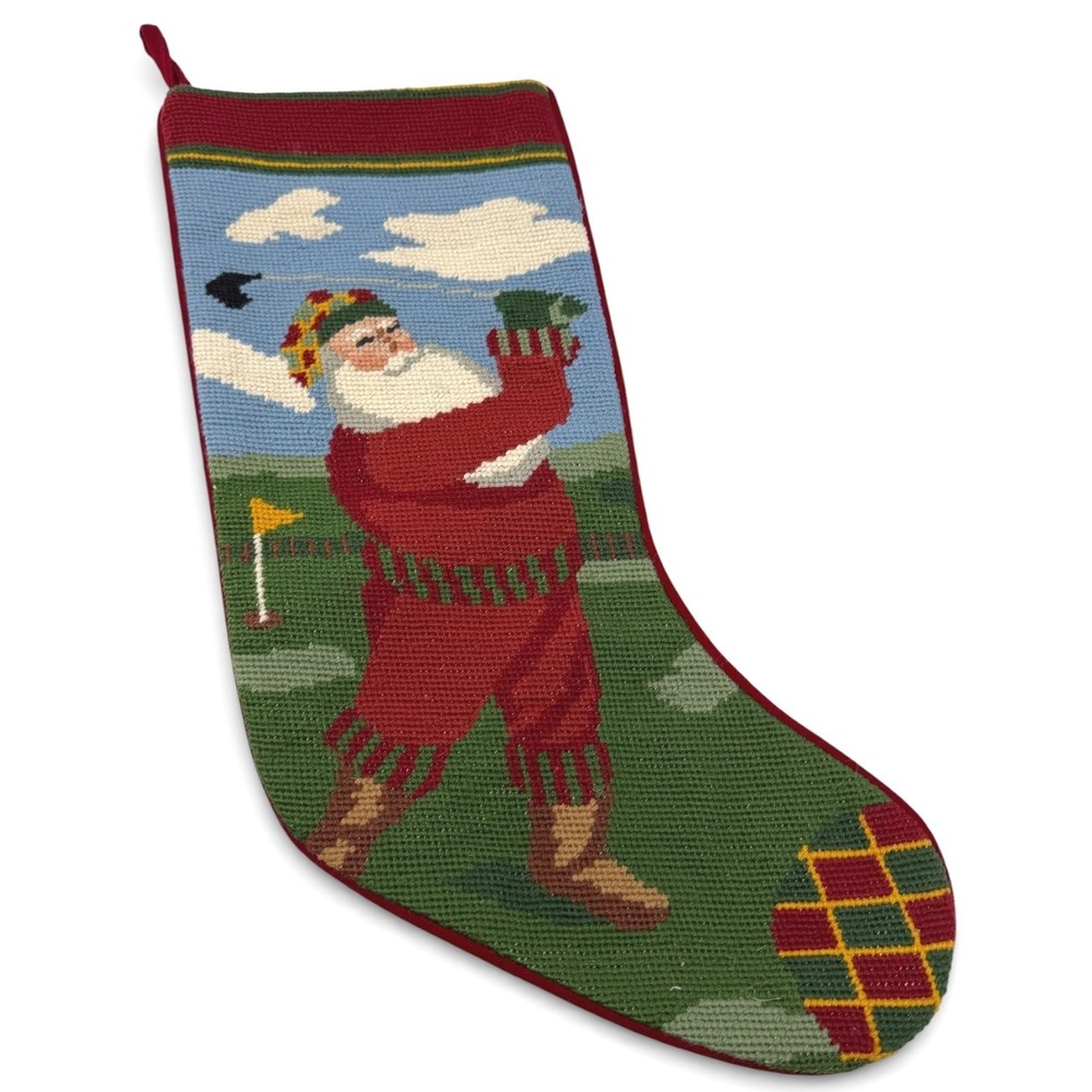 Handmade Needlepoint Santa Golf Christmas‎ Stocking Red Green Velvet Back